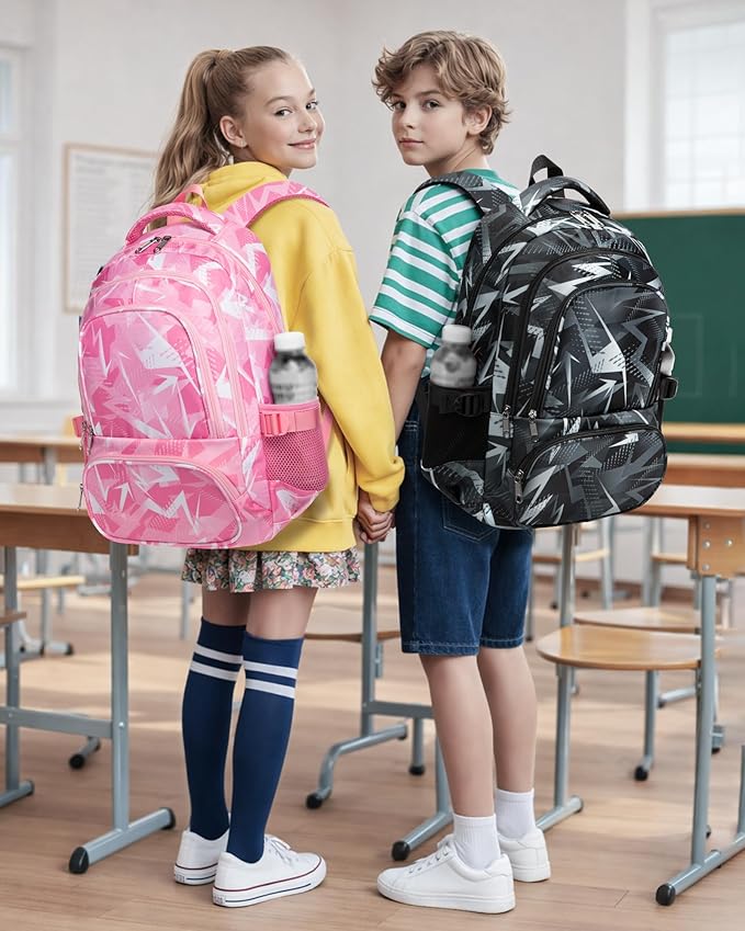 BLUEFAIRY Kids School Backpack for Boys Girls Ages 6-8 8-10 10-12 Elementary Middle School Book Bags with Laptop Compartment Mochilas Escolares para Niños Niñas de 8 10 12 Años (Black, Geometric)