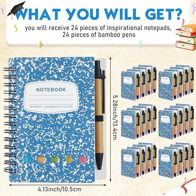 Dunzoom 24 Sets Spiral Notebook Bulk, Steno Pads Lined Notepad with Pen, Sticky Notes Colored Index Tabs, 5.2" x 4.1" Pocket Notebook for Home Business Office Supplies, 60 Sheets (Blue)