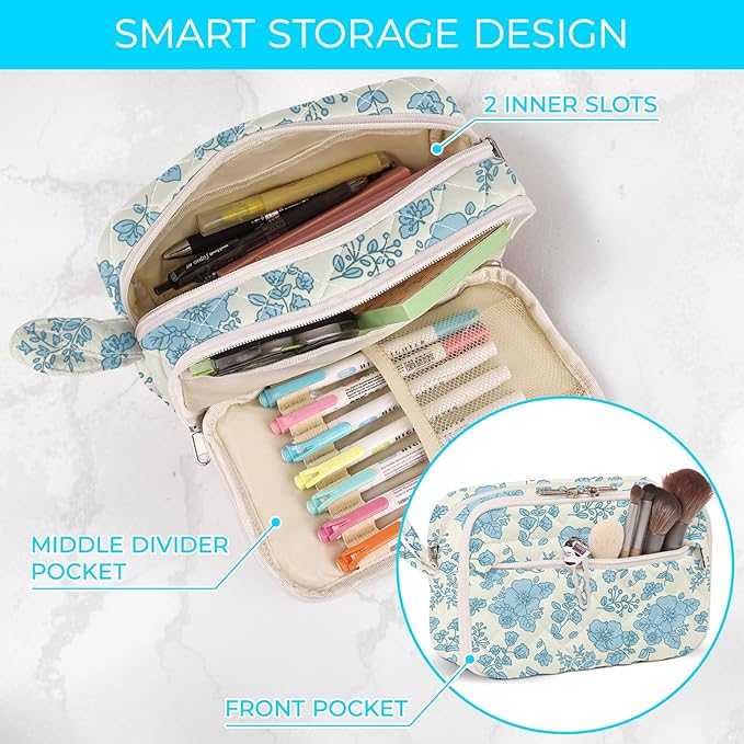 WOBAGMEN Quilted Pencil Pouch for Girls Women, Large Pencil Case Pouch with Compartments Cute Aesthetic Pencil Case Organizer, Floral Pencil Bag for School Supplies (blue floral)