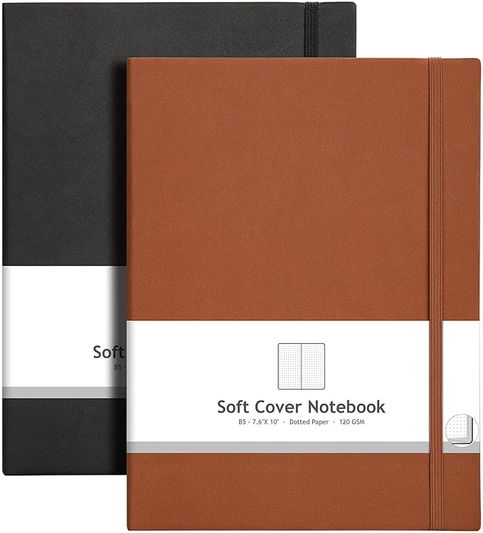 AHGXG Dotted Journal 2 Pack - B5 Large Journal Dot Grid Notebook (7.6'' X 10'') with Thick 120gsm Dot Paper, Soft Leather Cover, Total 384 Pages, Inner Pocket, Black Brown