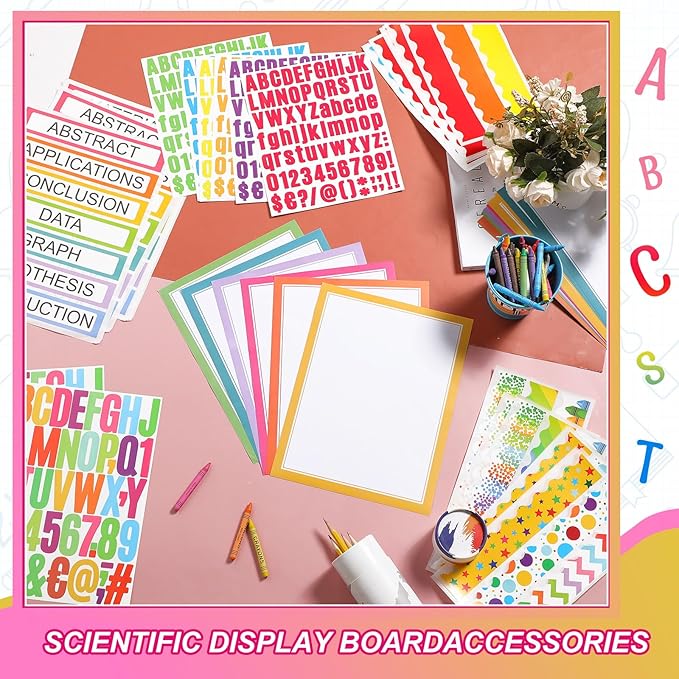 Sinload 92 Pcs Science Fair Board Supplies 60 Trim Scalloped Poster Boards 18 Presentation Subtitles 6 Project Titles 8 Letter Sticker for Classroom Display Boards(Colorful,Wave)