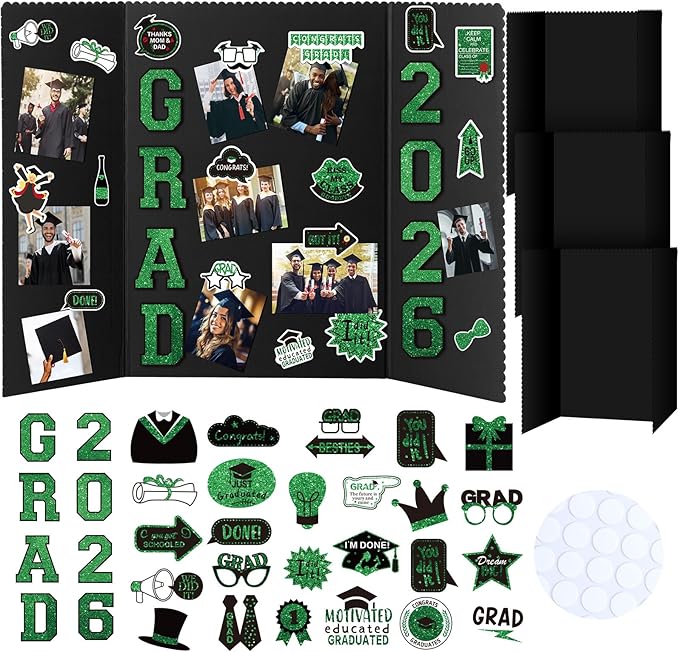 MiniInflat 4 Set 2026 Graduation Picture Trifold Poster Board Double-Sided Foldable Photo Display Board Graduation Decoration for Class of 2026 High School College DIY Craft(Green,24 x 16 Inches)