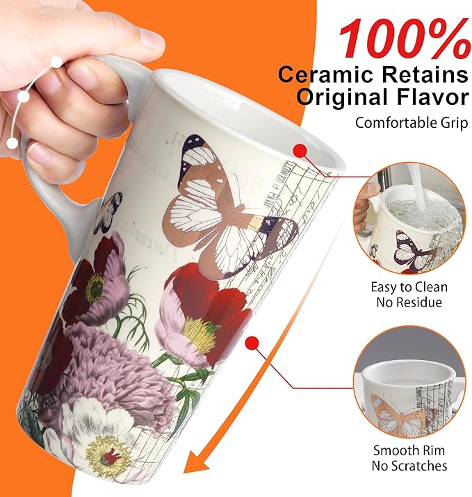 Topadorn 17 oz Ceramic Coffee Mug with Lid and Gift Box, Large Floral Coffee Cup with Handle, Porcelain Tea Mug for Women, Butterfly Design for Home Office