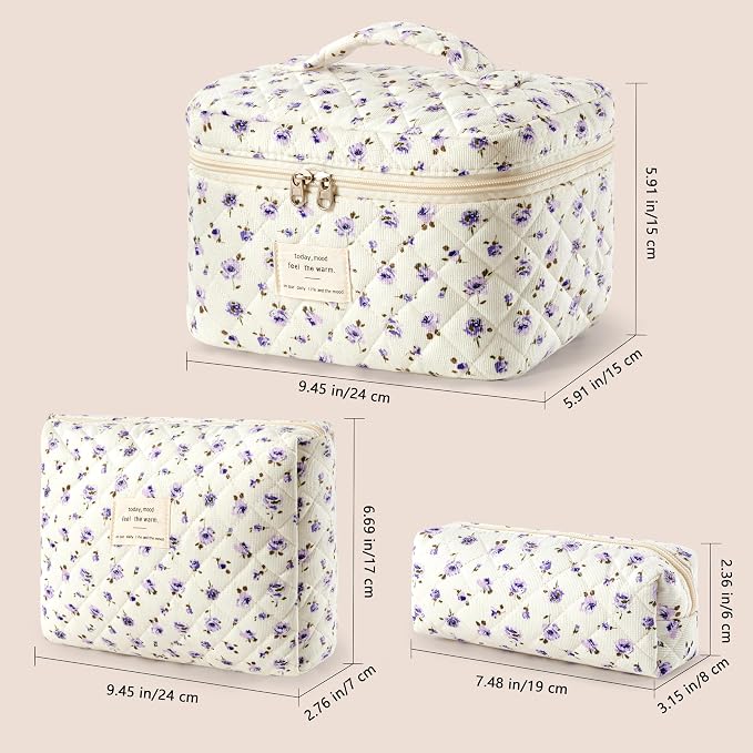 HBselect Quilted Makeup Bag, 3Pcs Cotton Large Travel Makeup Bags Organizer | Cute Floral Make up Bag Cosmetic Bag Toiletry Bag for Women Girls, Makeup Pouch for Skincare, Brushes & Travel Essentials