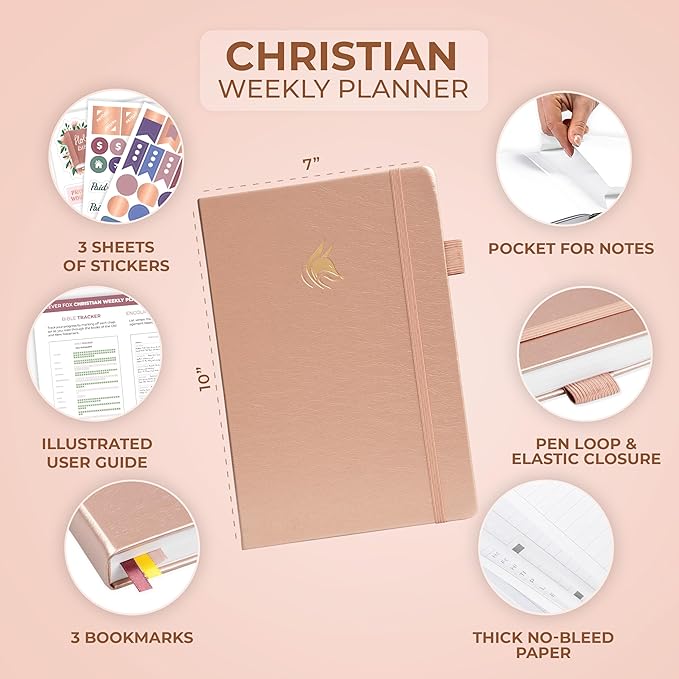Clever Fox Christian Hourly Weekly Planner – Goal Setting Planner with Time Slots, Monthly Budget, Sermon Notes, Bible Reading Tracker (Rose Gold)