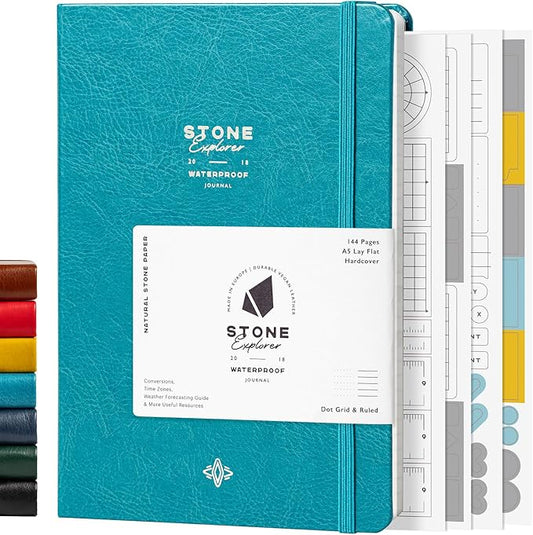 Stone Journal Explorer Notebook – A5 Waterproof Paper Field Journal, Vegan Leather Hardcover, 144 Pages Alternating Ruled & Dot Grid, Back Pocket, Weather-Resistant (Teal)
