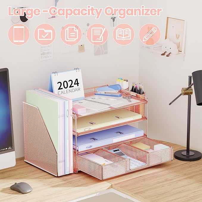 OPNICE Desk Organizers and Accessories, 4-Tier Desktop File Organizer with Drawer and 2 Pen Holders, Office Desk Accessories Workspace Organizers for Office Supplies, Rose Gold