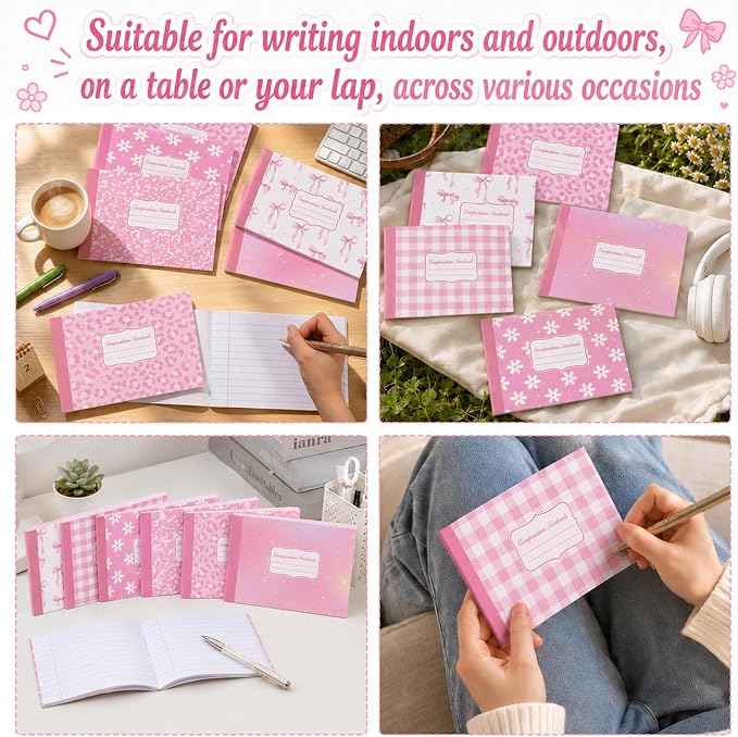 12 Pack Half Size Composition Notebooks Wide Ruled Marble Journal, Pink