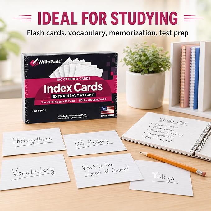 Heavyweight 3x5 Index Cards, Extra Thick Note Cards, Front Lined Back Blank Flash Cards, 110lb / 200gsm / 10pt Cardstock, 100 Sheets, Made in USA, for Studying, Classroom, Office Notes & Organization