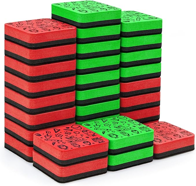 OWLKELA 30Pcs Dry Erase Erasers, Magnetic Whiteboard Eraser, Mini Whiteboard Cleaning Pads for Classroom, Office and Home, Red&Green