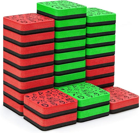 OWLKELA 30Pcs Dry Erase Erasers, Magnetic Whiteboard Eraser, Mini Whiteboard Cleaning Pads for Classroom, Office and Home, Red&Green