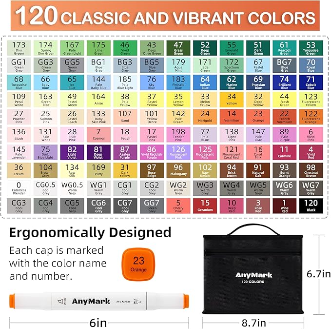 AnyMark Alcohol Markers, 120 Colors Dual Tip Art Coloring Markers Set for Adult Book Drawing Sketching Painting, Chisel & Fine, White Penholder
