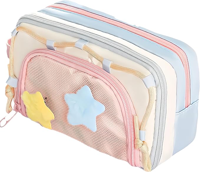Portable Kawaii Star Pencil Case Cute Japanese Pencil Box (Pink) | With 2 Detachable Star Pins, Large Capacity Multi-Layer Storage, Korean Pastel Pencil Case, Cute Supplies Pencil Pouch Pink