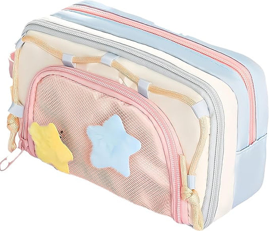 Portable Kawaii Star Pencil Case Cute Japanese Pencil Box (Pink) | With 2 Detachable Star Pins, Large Capacity Multi-Layer Storage, Korean Pastel Pencil Case, Cute Supplies Pencil Pouch Pink