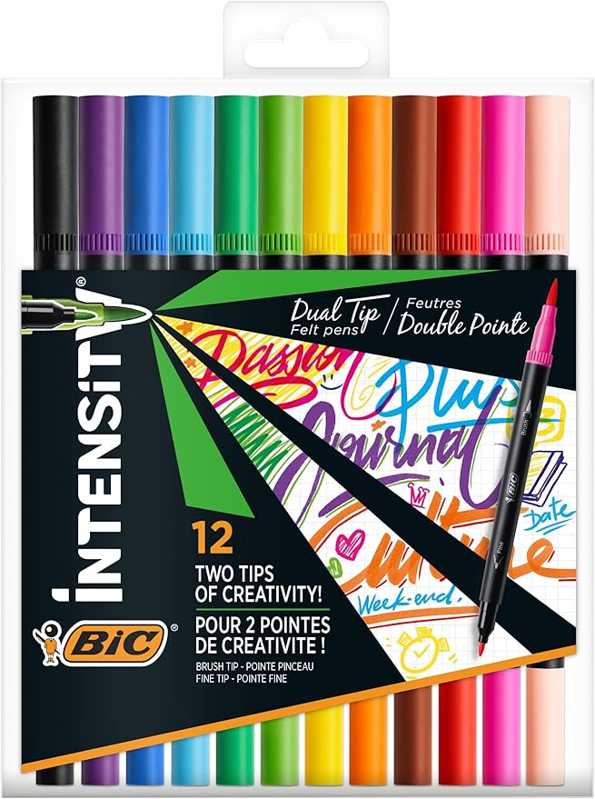 BIC Intensity 2 in 1 Dual Tip Fineliner Pens, Fine Tip (0.7mm) and Flexible Brush (3.7mm), Assorted Colors, 12-Count Pack
