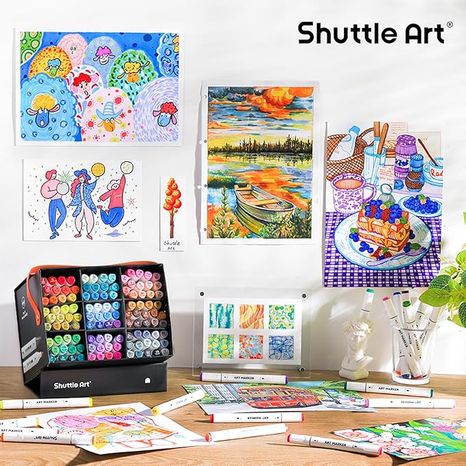 Shuttle Art Brush Tip Alcohol Markers, Dual Tip Brush & Fine Tip Art Marker Set, 121 Colors Marker Pens with Organized Case Perfect for Illustration Students Adults Coloring Sketching
