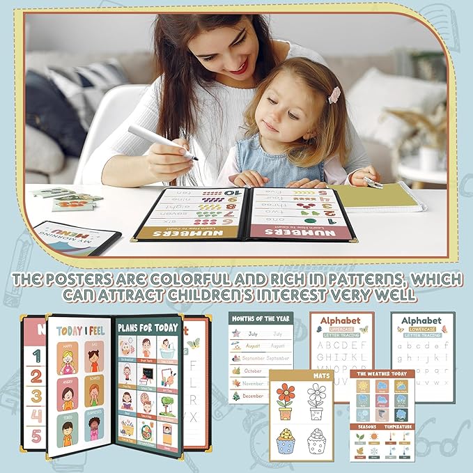 Fuyoooo Homeschool Morning Menu Kit for Preschool Learning – 16 Educational Posters & 2 Menu Covers for Toddlers and Kids, Daily Learning Activities for Homeschool Classroom(Morandi Color)