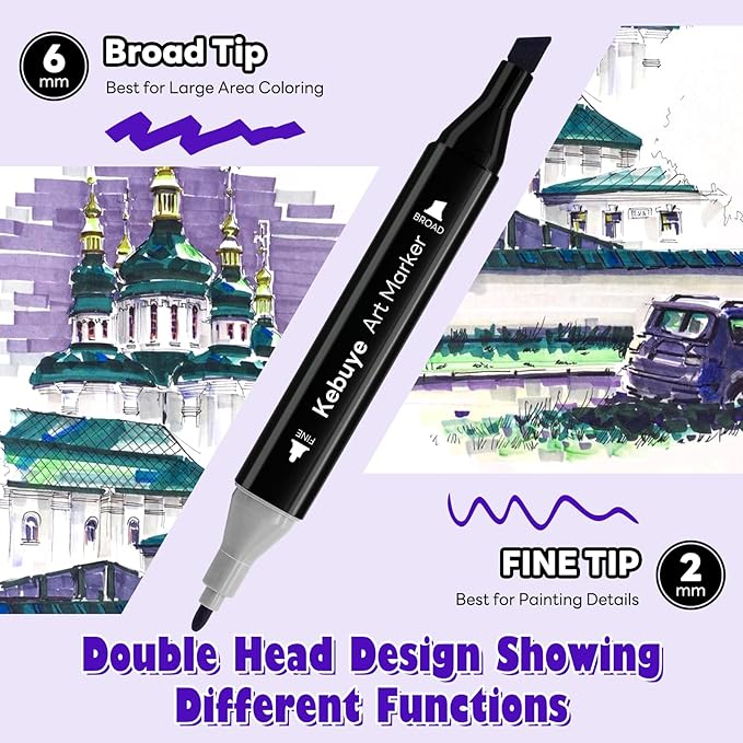Kebuye 48 Colors Alcohol Markers Set, Dual Tips Blender Art Markers for Drawing Sketching Coloring Artist Pens and Underlining, Professional Permanent Sketch Marker for Kids adult coloring