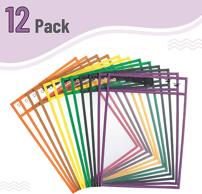 Mr. Pen- Reusable Dry Erase Pocket Sleeves, 10" x 14", 12 Pack, Assorted Colors, Clear Plastic Paper Sleeves, Ticket Holders, Clear Plastic Sheet Protectors, Teacher, School, Classroom Supplies