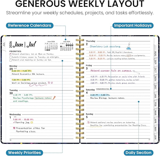 Planner 2026–2027, Academic Monthly Weekly Spiral Calendar, July 2026 – June 2027, Hardcover Agenda Notebook with Tabs, 8.5" x 11", Perfect for Students, Teachers, School & Daily Planning - Galactic Swirl