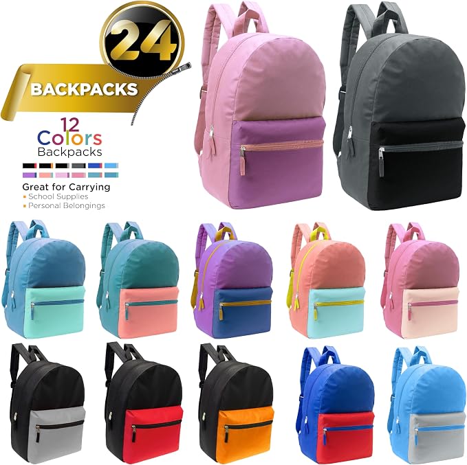 17" School Backpacks for Kids - Backpacks in Bulk for Elementary, Middle, and High School Students in Assorted Colors