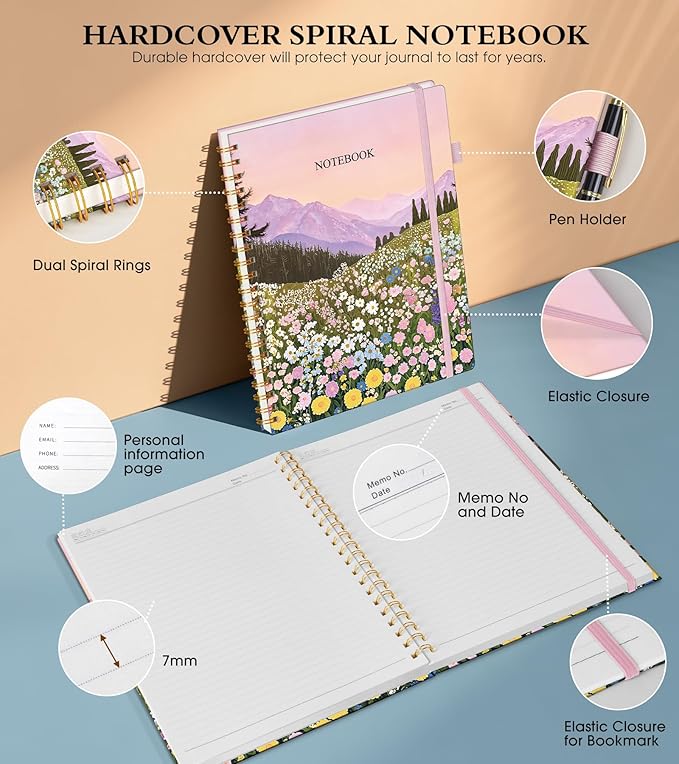 Spiral Notebook Journal 8.5” x 11”, A4 Large Notebooks for Women Men, College Ruled Lined Journal, 100 GSM Paper, Hardcover Spiral Bound Journals for Work School Note Taking, Wildflower Mountainside