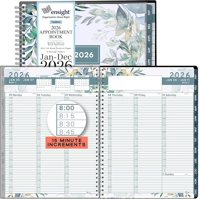 Ensight 2026 Appointment Book and Planner 8.5" x 11" Large Hourly Weekly Daily Schedule Planner with Tabs, 15 Minute Time Slots, Floral Calendar Organizer Jan 2026 – Dec 2026 Appointment Book - Floral