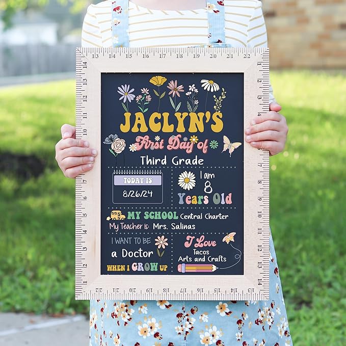 First Day of School Sign (11.5"x15"), Reusable Chalkboard, Easy to Clean with Real Wooden Ruler Frame, Perfect for Back to School, First Day of Kindergarten (Groovy Flowers)
