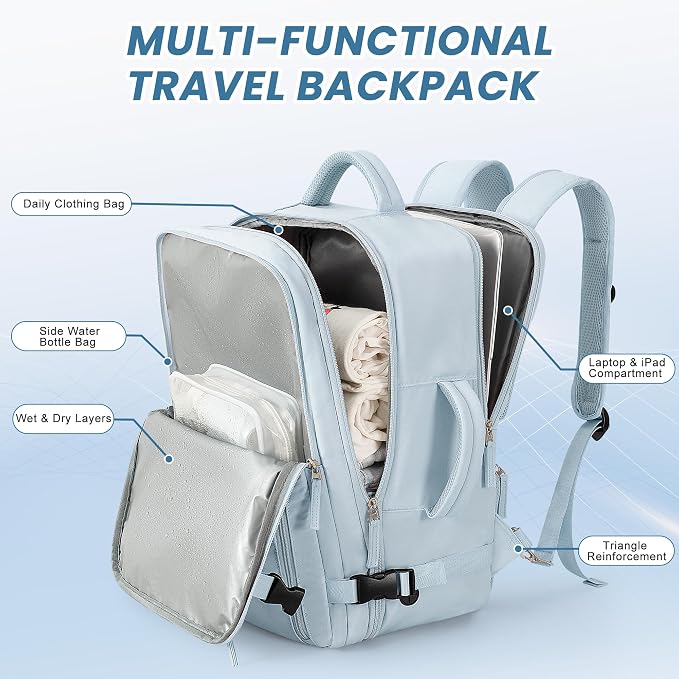 Beraliy Travel Backpack for Men Women,TSA Carry On Backpack Flight Approved | 16 Inch Laptop Waterproof Hiking Backpack, Casual Outdoor Daypack Bag for College Weenkender Business, Light Blue