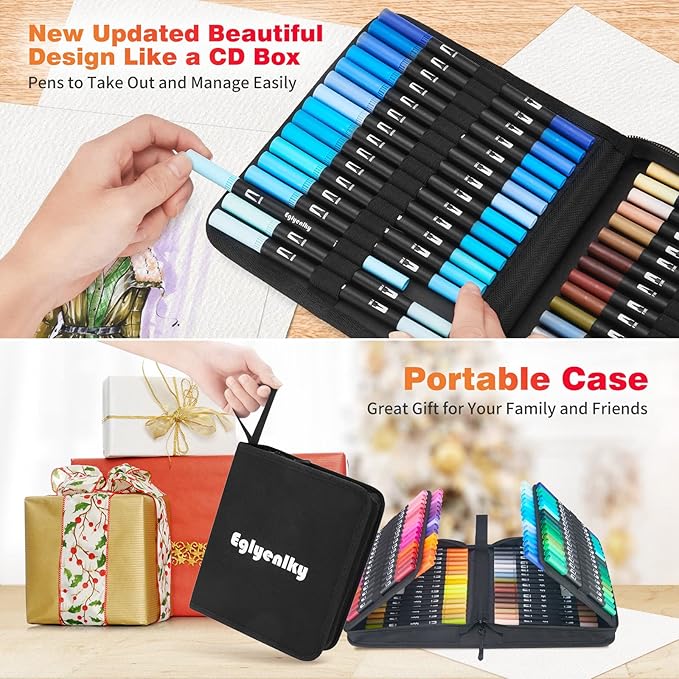 Eglyenlky Dual Brush Pens, Markers Adult Coloring Book,100 Colors Art Pens with Fine Point Markers and Brush Tip for Adult Kids Drawing (Black Set)