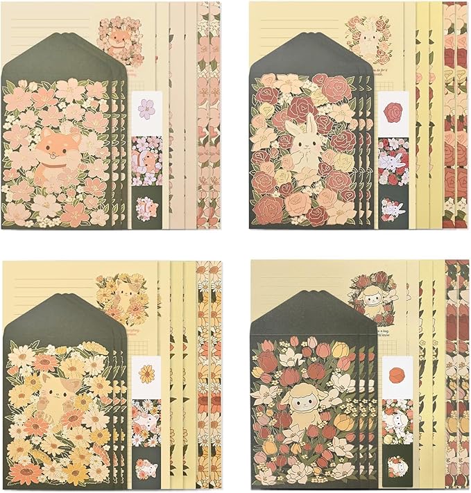 48 Pcs Stationery Paper Envelopes Set Includes 24 Lined Writing Paper & 12 Envelopes with 12 Stickers, Cute Cat Animal Love Letter Writing and Stationery Paper Envelopes(4Style)