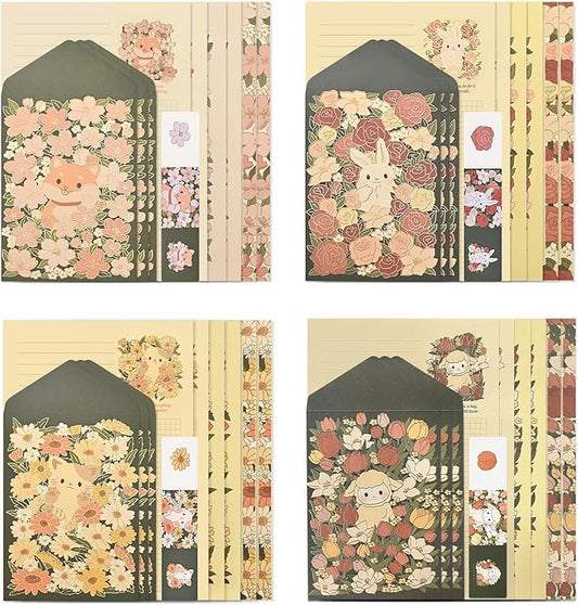 48 Pcs Stationery Paper Envelopes Set Includes 24 Lined Writing Paper & 12 Envelopes with 12 Stickers, Cute Cat Animal Love Letter Writing and Stationery Paper Envelopes(4Style)