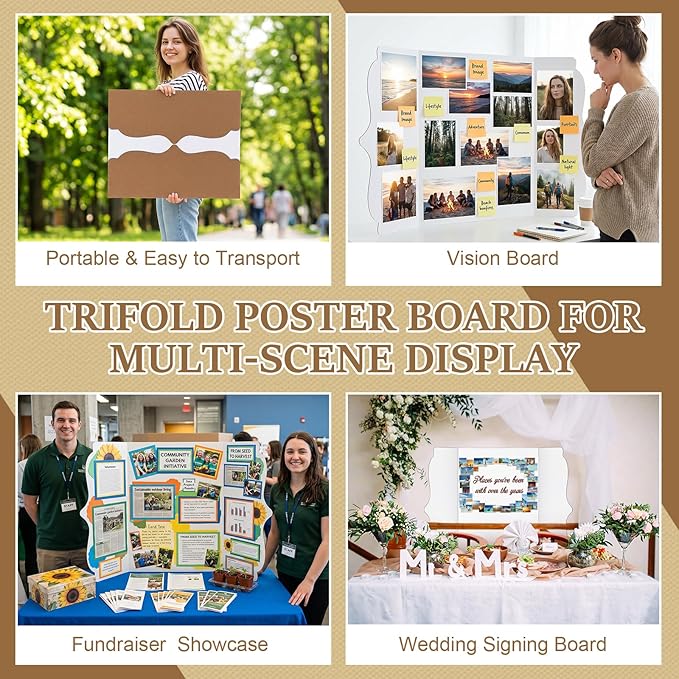 Geyee 20 Pcs Trifold Poster Board Bulk 36" x 48" Sturdy White Presentation Board Self-Standing Science fairs Display Boards for School Fun Projects and Business Presentations