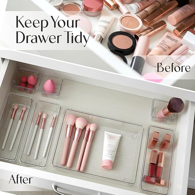 KICHLY 25 Piece Clear Drawer Organizer Set – Multi Size Storage Trays for Bathroom, Vanity, Makeup, Kitchen Utensils, Office & Bedroom - Office Desk Organizers & Caddy