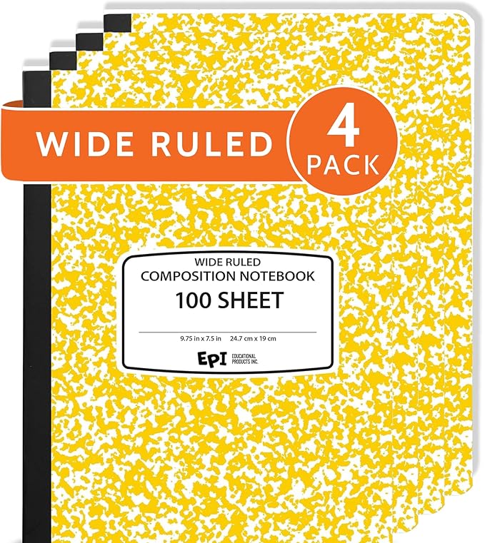 4 Pack - EPI Wide Ruled Marble Composition Notebook - Yellow 200 Page Note Book - 9.75 x 7.5 Inch Hardcover Journal with Sewn Binding for Secure Pages - Classroom Back to School Supplies