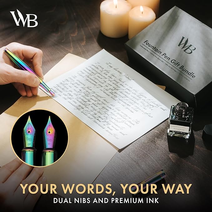 Wordsworth & Black Fountain Pen Set, 18K Gilded Medium and Extra Fine Nib, 25ML Black Ink Bottle, 6 Ink Cartridges,Refill Converter, Gift Box,Smooth Writing Pens [Rainbow],Gift Set for Men and Women