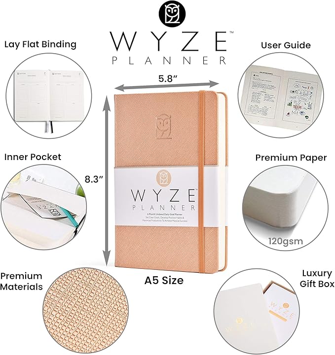 Wyze Planner Undated Daily Planner – 6-Month A5 Productivity Organizer with Full Page Per Day, ADHD Friendly, Hourly Schedule, Goal Setting, Habit Tracker, Weekly & Monthly Pages – Hardcover Time Management Notebook (Rose Gold)