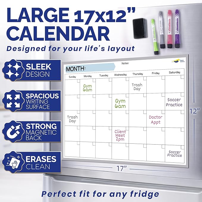 Monthly Magnetic Calendar for Refrigerator - 17x12” Stain-Resistant Dry Erase Fridge Calendar Whiteboard with Large Writing Space for Schedules, Chores & Meals - With 4 Markers & Eraser - Sunday Start