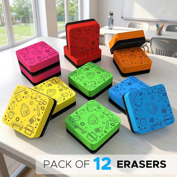 12 Pack Dry Erase Erasers Assorted Colors Magnetic Whiteboard Erasers for Kids and Students - Smudge Free Small Dry Erase for Classroom Home, School and Office