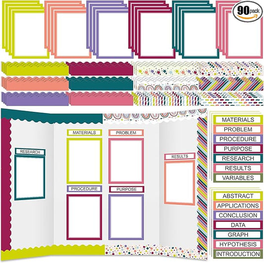 Fuyoooo 90 Pcs Science Fair Board Supplies 60 Trim Scalloped Bulletin Board Borders 24 Presentation Board Subtitles 6 Science Fair Titles for Classroom Display Boards(Classic)