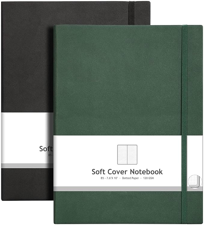 AHGXG Dotted Journal 2 Pack - B5 Large Journal Dot Grid Notebook (7.6'' X 10'') with Thick 120gsm Dot Paper, Soft Leather Cover, Total 384 Pages, Inner Pocket, Black Green