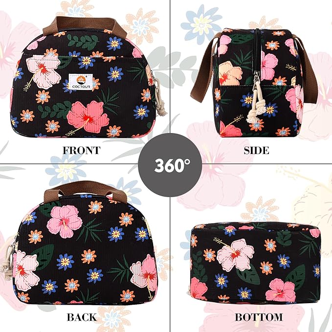 CaCTOUR Large Lunch Box for Women, Cute Lunch Box Cooler Bag, Portable Insulated LunchBox Reusable Corduroy Lunch Tote for Work/Travel/Picnic (Flower)