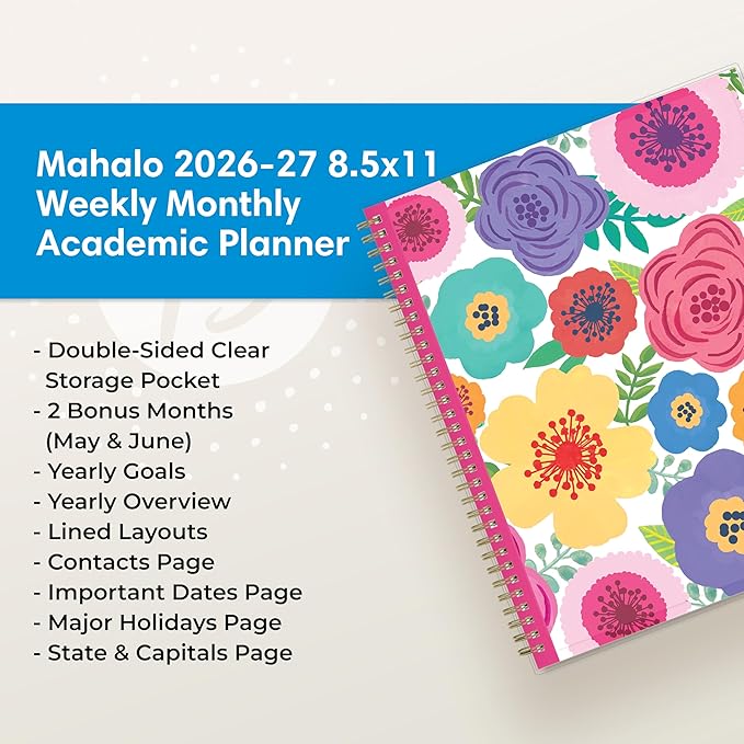 Blue Sky 2026-2027 Weekly and Monthly Academic Year Planner Calendar, July 2026 - June 2027, 8.5" x 11", Flexible Pocket Cover, Wirebound, Storage Pocket, Laminated Tabs, Mahalo