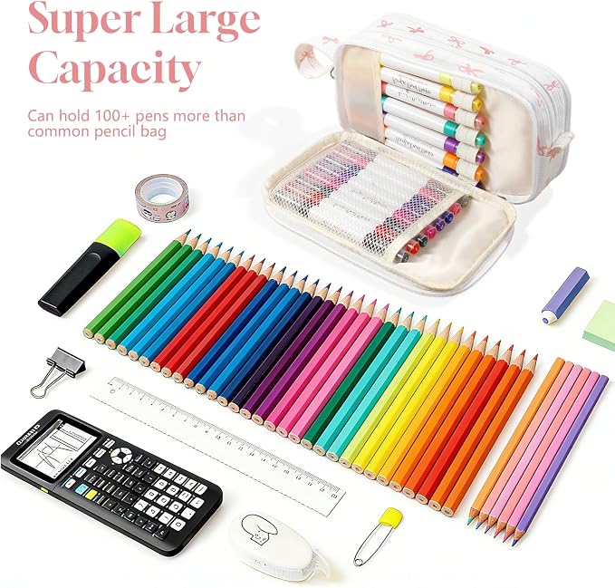 Corduroy Pencil Case, Large Capacity Pencil Pouch with 4 Compartments, Cute Soft Aesthetic Stationery Pen Bag Organizer with Zipper, Portable School Supplies for Teen and Adult Girls, Pink Bow