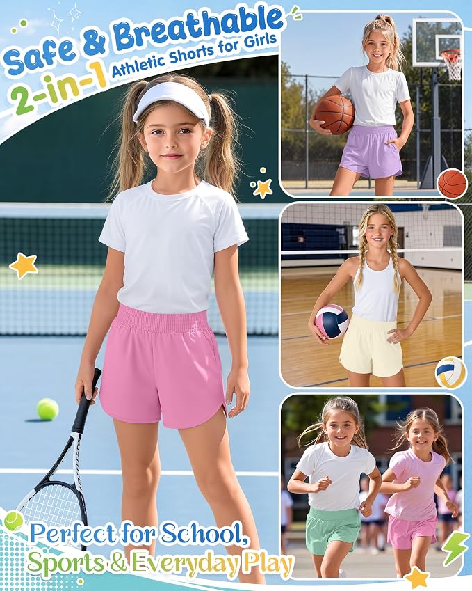 4 Pack Girls Athletic Shorts 2 in 1 Quick Dry High Waist Tween Shorts with Liner Kids Back to School Running Shorts