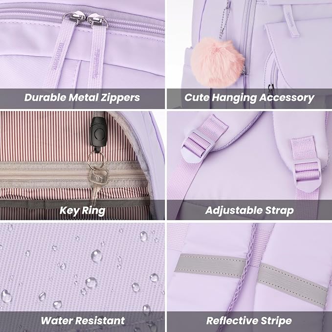WINDARS School Backpack for Teen Girls, Cute College Backpacks for Women Students Aesthetic Bookbag Large 15.6 Inch Laptop Bag Middle School Travel Back Pack (Purple)