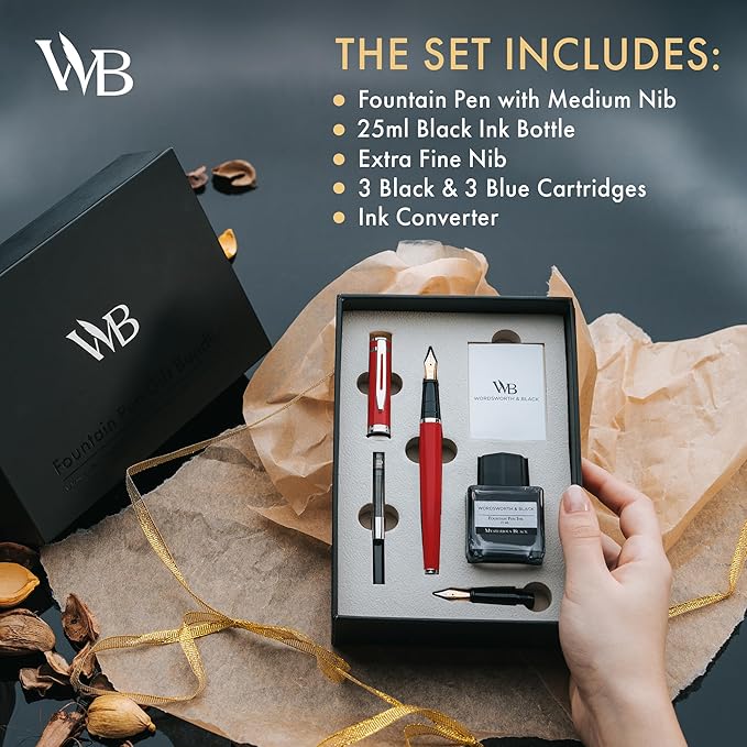 Wordsworth & Black Fountain Pen Set,18K Gilded Medium and Extra Fine Nib,25ML Black Ink Bottle,6 Ink Cartridges,Refill Converter, Gift Box, Smooth Writing Pens [Red Chrome],Gift Set for Men and Women