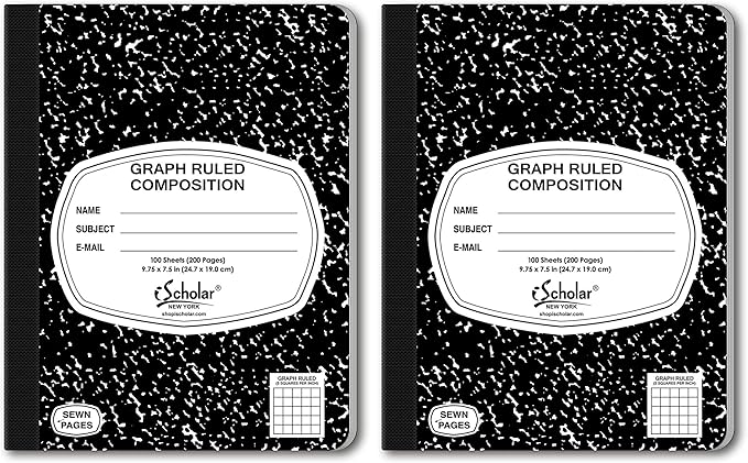 iScholar Composition Book, 100 Sheets, 5 x 5 Graph Ruled, 9.75 x 7.5-Inches, Black Marble Cover (11100) (Pack of 2)