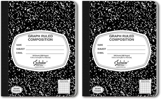 iScholar Composition Book, 100 Sheets, 5 x 5 Graph Ruled, 9.75 x 7.5-Inches, Black Marble Cover (11100) (Pack of 2)
