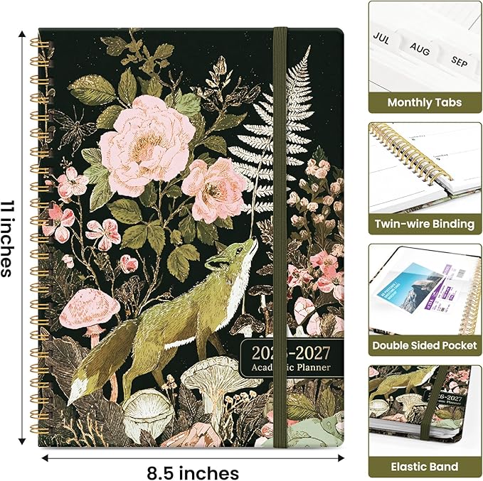 Planner 2026–2027, Academic Monthly Weekly Spiral Calendar, July 2026 – June 2027, Hardcover Agenda Notebook with Tabs, 8.5" x 11", Perfect for Students, Teachers, School & Daily Planning - Wildwood Fox